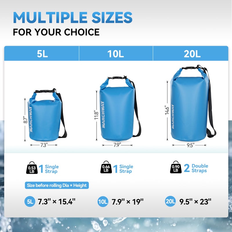 MARCHWAY Floating Waterproof Dry Bag Backpack 5L/10L/20L/30L/40L, Roll Top Sack Keeps Gear Dry for Kayaking, Rafting, Boating, Swimming, Camping, Hiking, Beach, Fishing (Light Blue, 10L) - Image 4